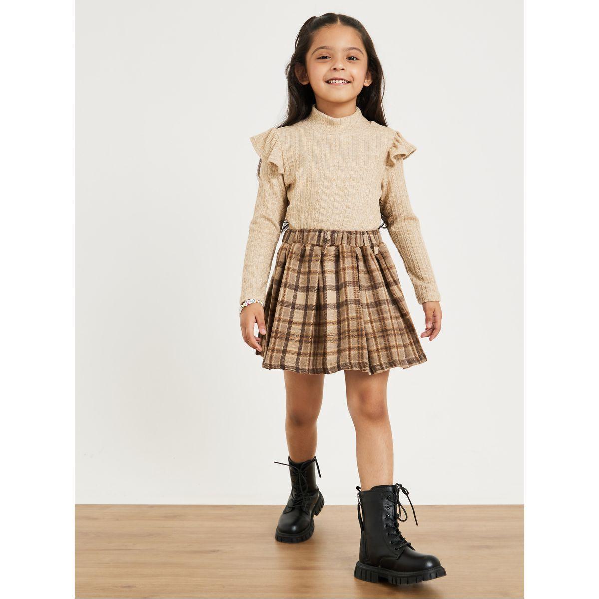 Styli Ribbed Ruffle Detail Top and Checkered Skirt Set-girls-clothing-setsandcoords-image-1
