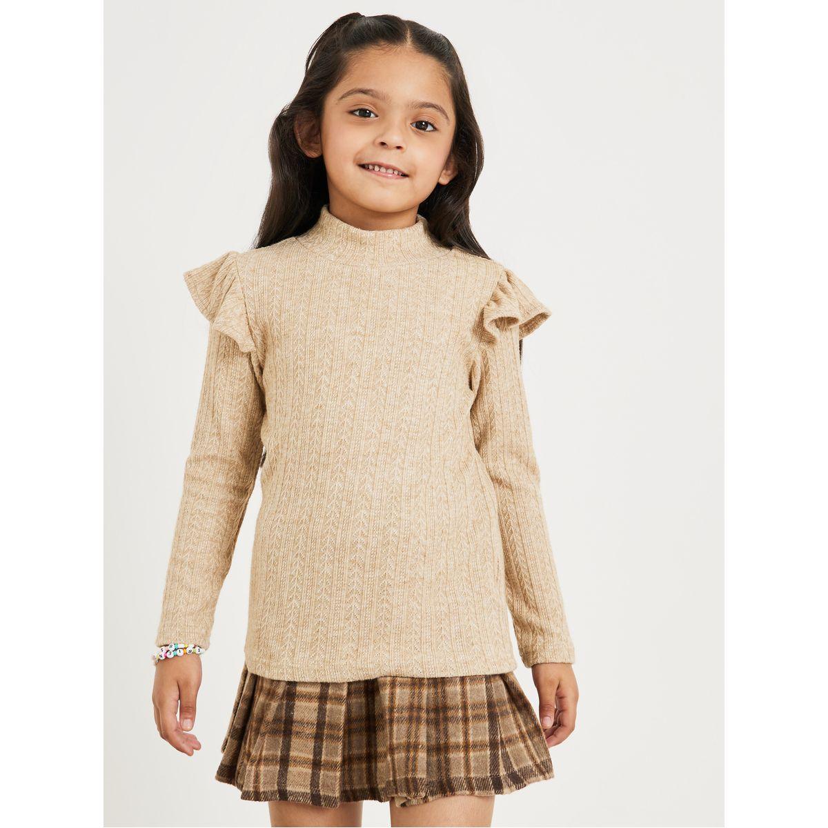 Styli Ribbed Ruffle Detail Top and Checkered Skirt Set-girls-clothing-setsandcoords-image-3