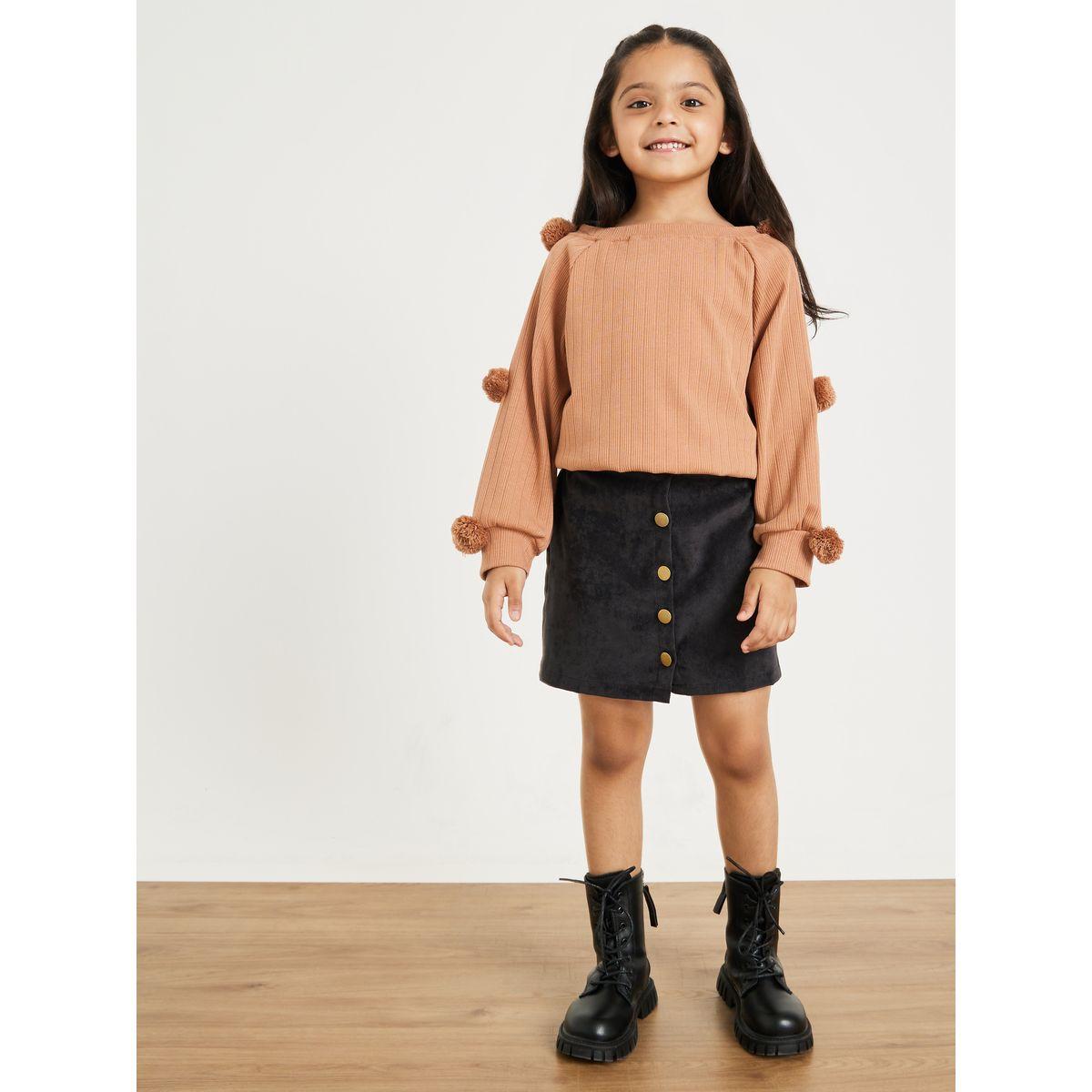 Styli Textured Dot Ball Applique Detail Top and Button Down Skirt Set-girls-clothing-setsandcoords-image-5