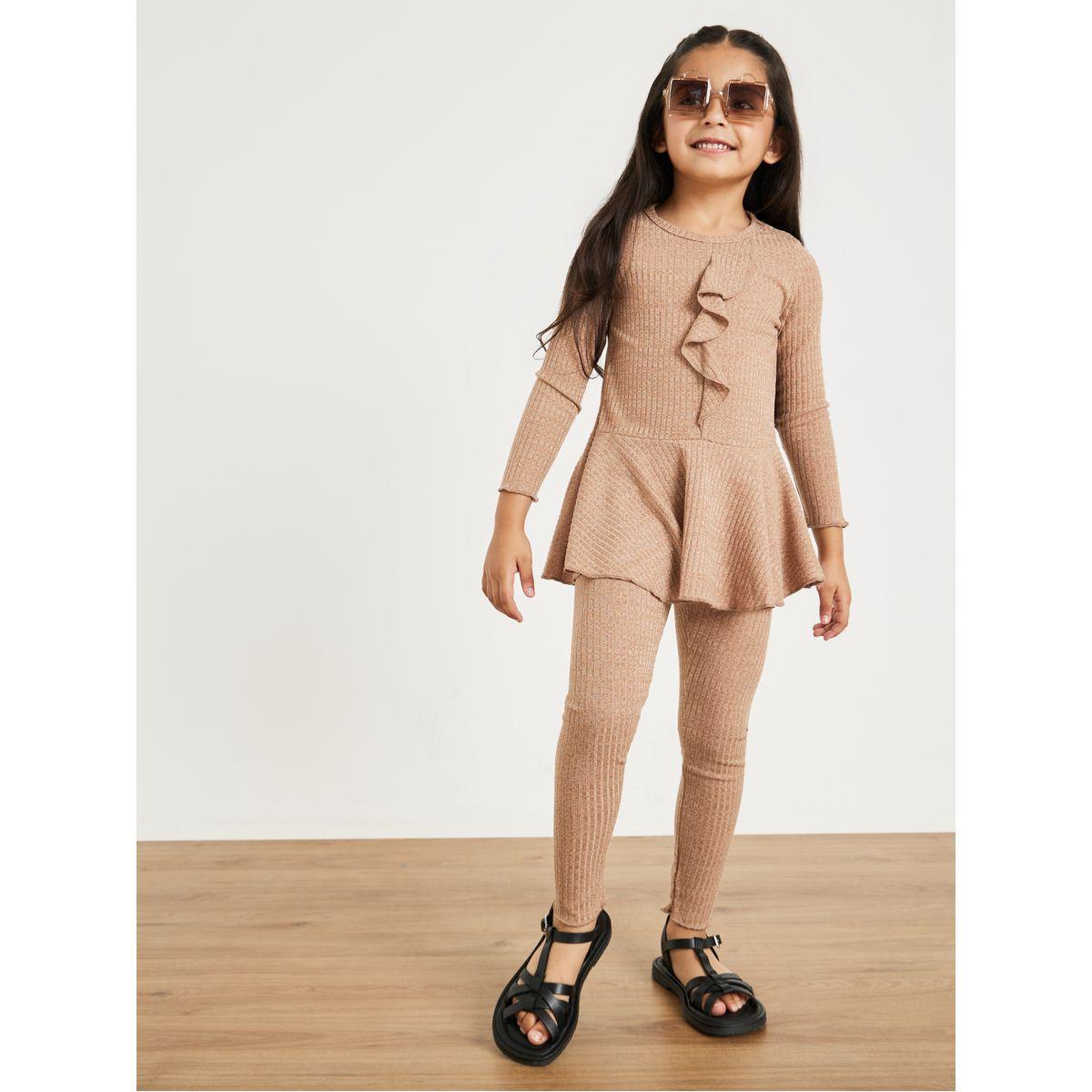 Styli Ribbed Ruffle Detail Top and Legging Set-girls-clothing-setsandcoords-image-1
