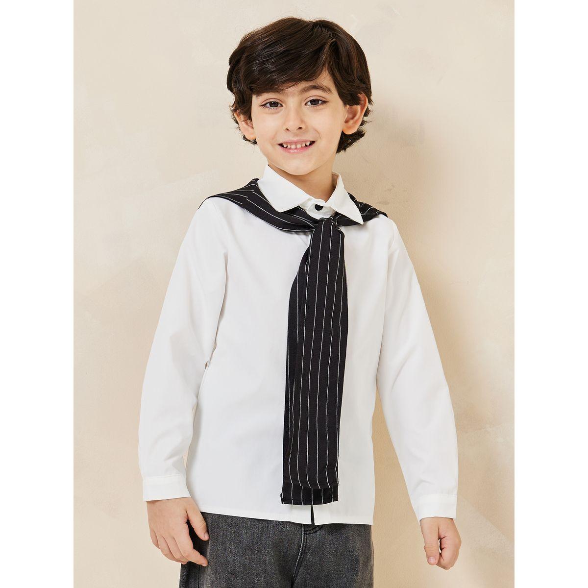 Styli Solid Button Front Shirt with Striped Shawl-boys-clothing-shirts-image-1