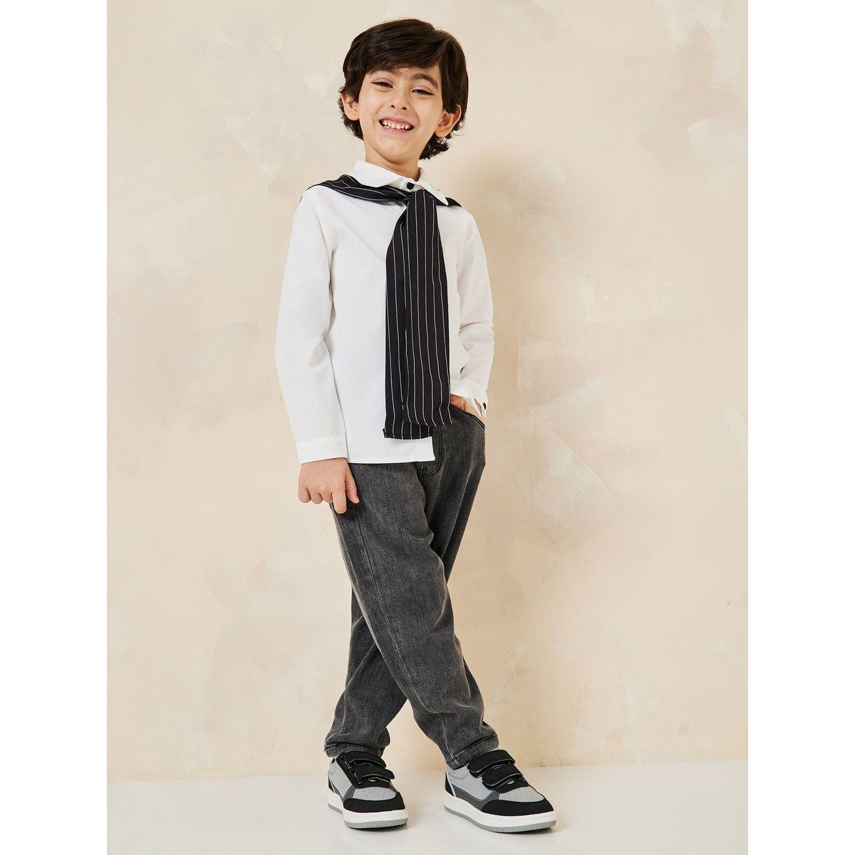 قميص سادة بأزرار غلق مع شال-boys-clothing-shirts-image-4