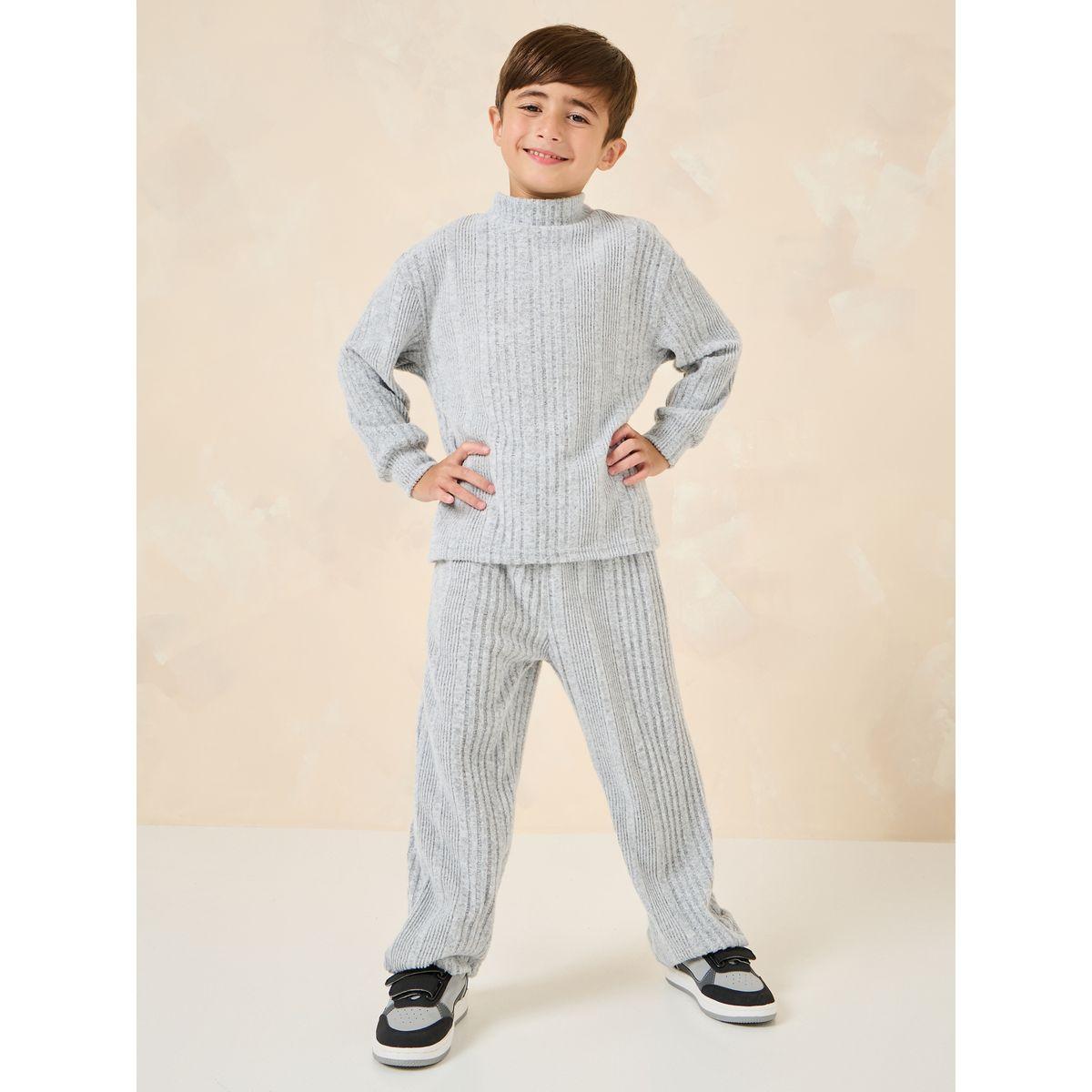 Styli Ribbed Knit High Neck Boxy Fit T-Shirt & Pants Set-boys-clothing-setsandcoords-image-1