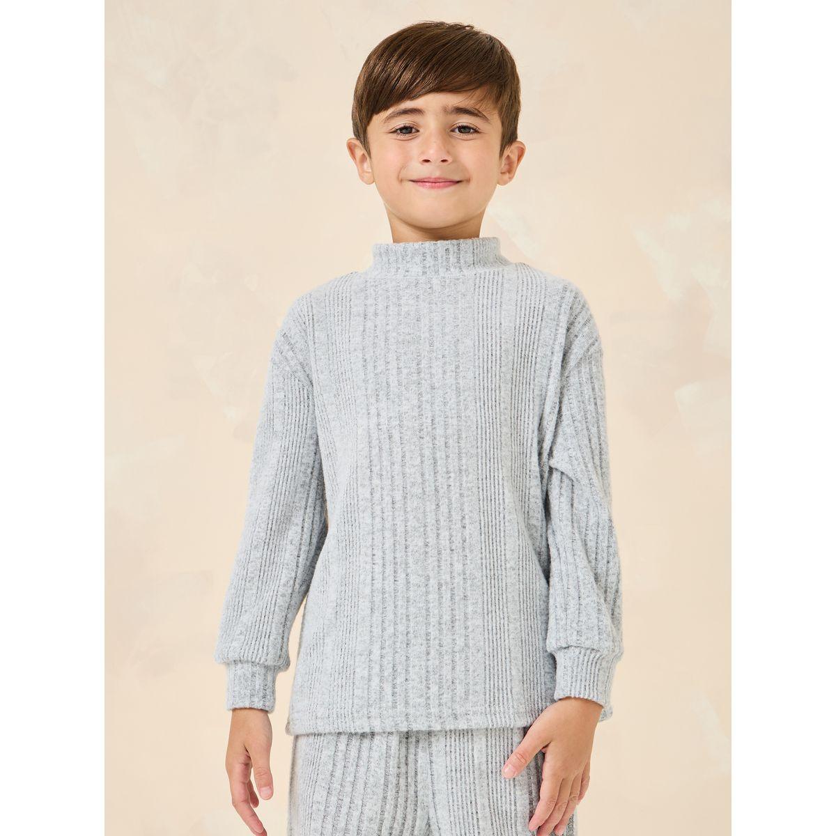 Styli Ribbed Knit High Neck Boxy Fit T-Shirt & Pants Set-boys-clothing-setsandcoords-image-2