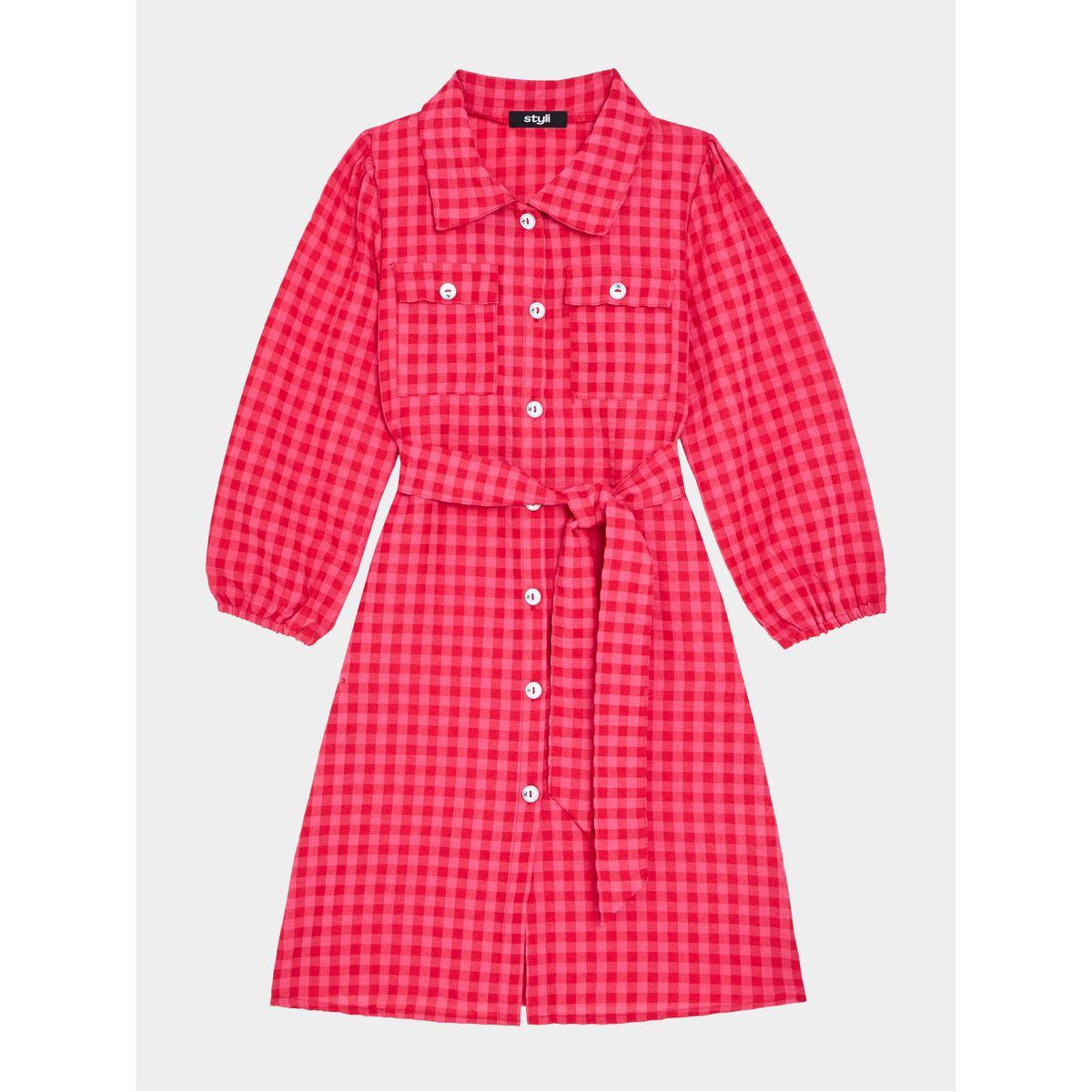 Styli Checker AOP Tie Detail Button Down Dress-girls-clothing-dressesandjumpsuits-image-1