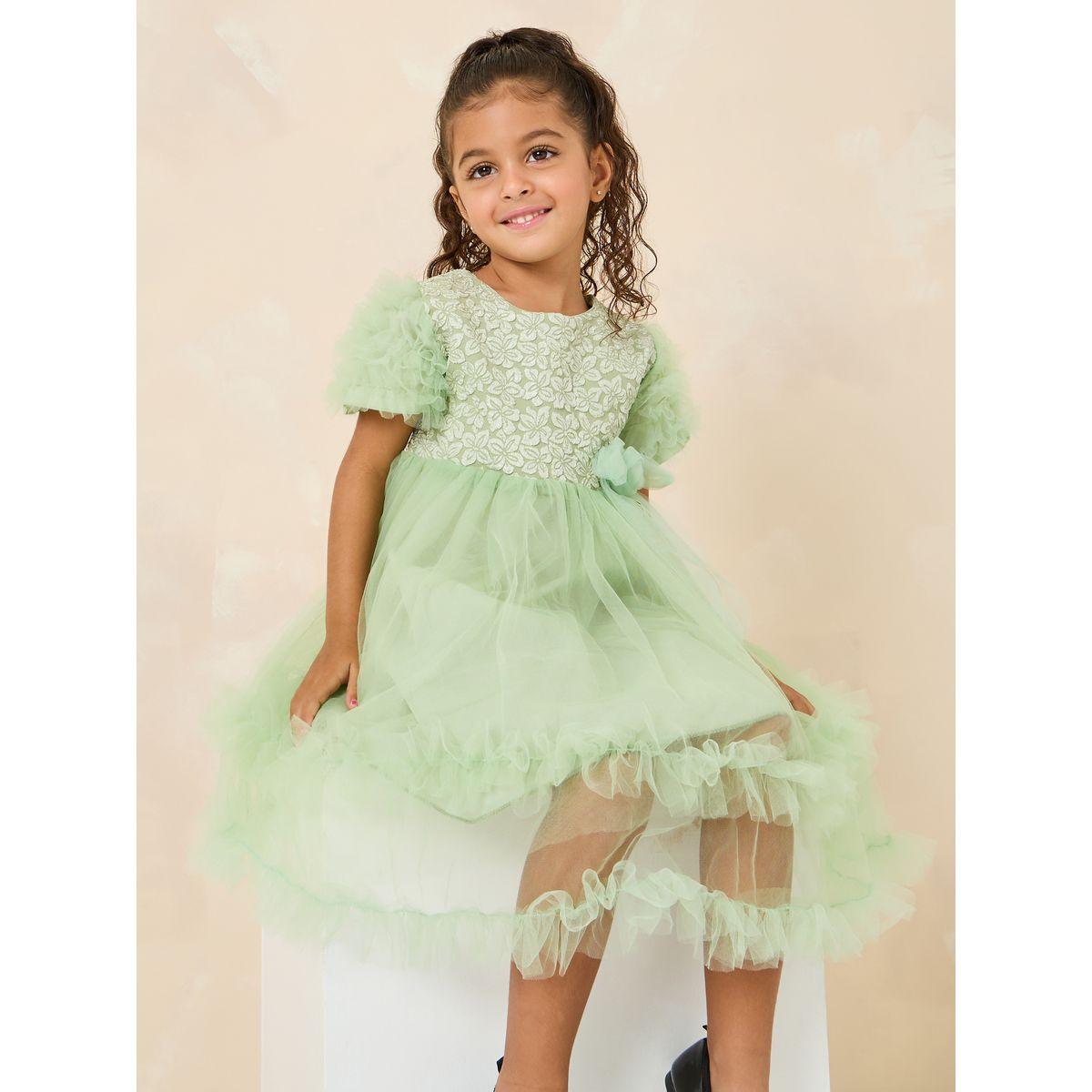 Styli Floral Jacquard Puff Sleeve Mesh Dress-girls-clothing-dressesandjumpsuits-image-1
