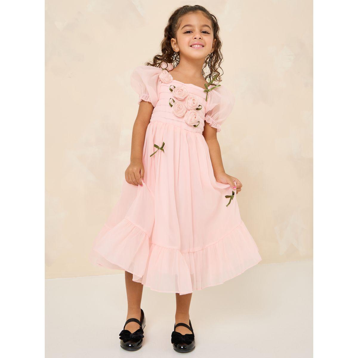 Styli Flower Applique Puff Sleeve Mesh Dress-girls-clothing-dressesandjumpsuits-image-2