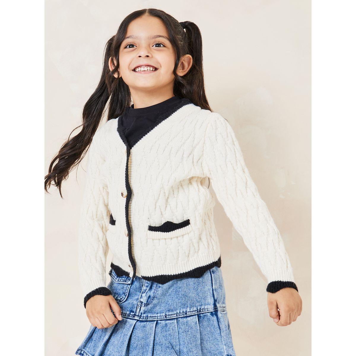 Styli Solid Cable Knit Contrast Trim Cardigan-girls-clothing-winterwear-jumpersandcardigans-image-1