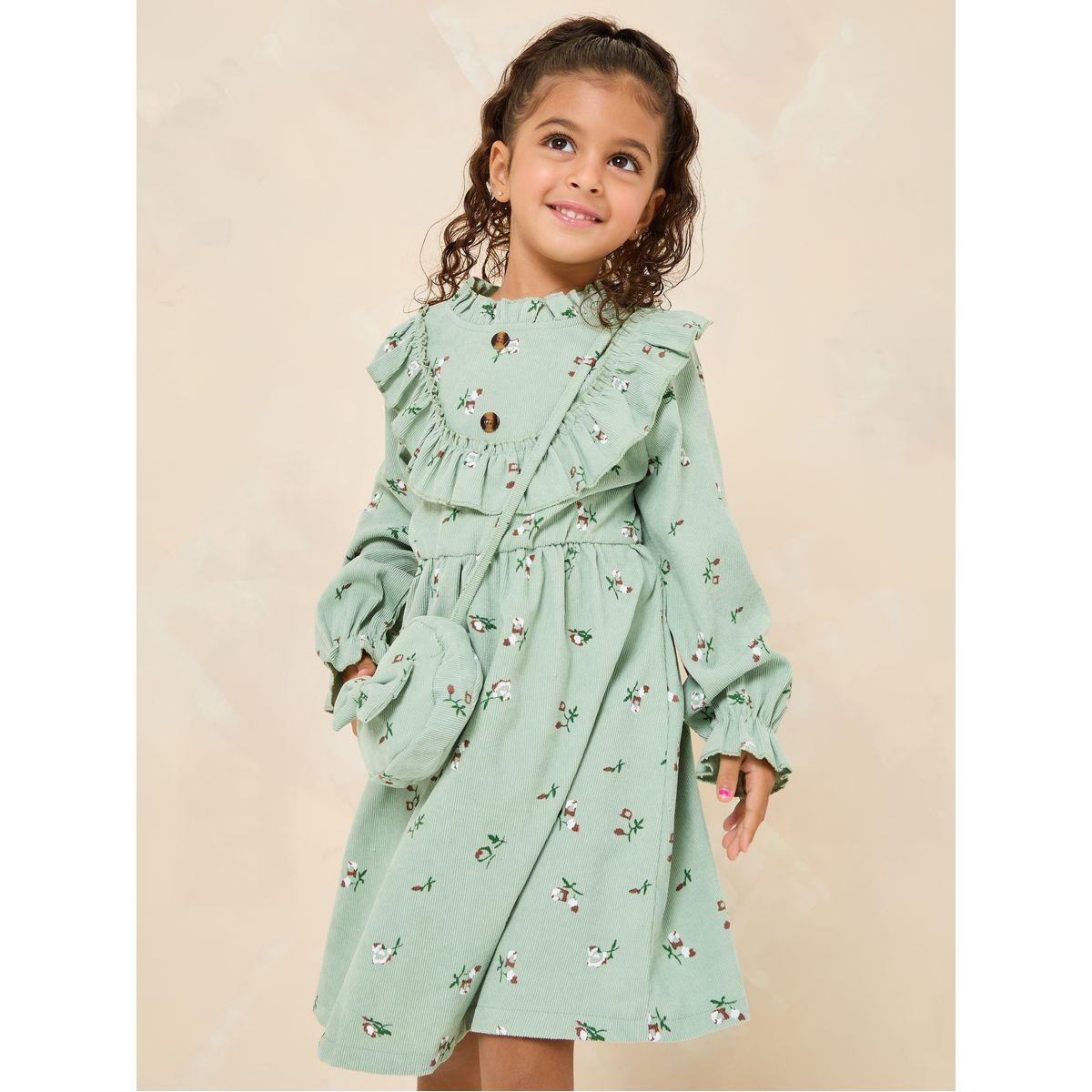 Styli Floral Print Ruffle Trim Dress With Bag-girls-clothing-dressesandjumpsuits-image-2