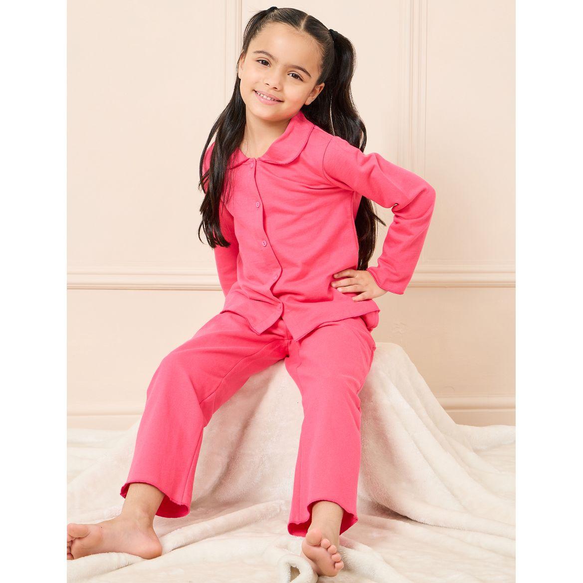 Styli Solid Collared Shirt & Drawstring Pyjama Set-girls-clothing-nightwear-image-1