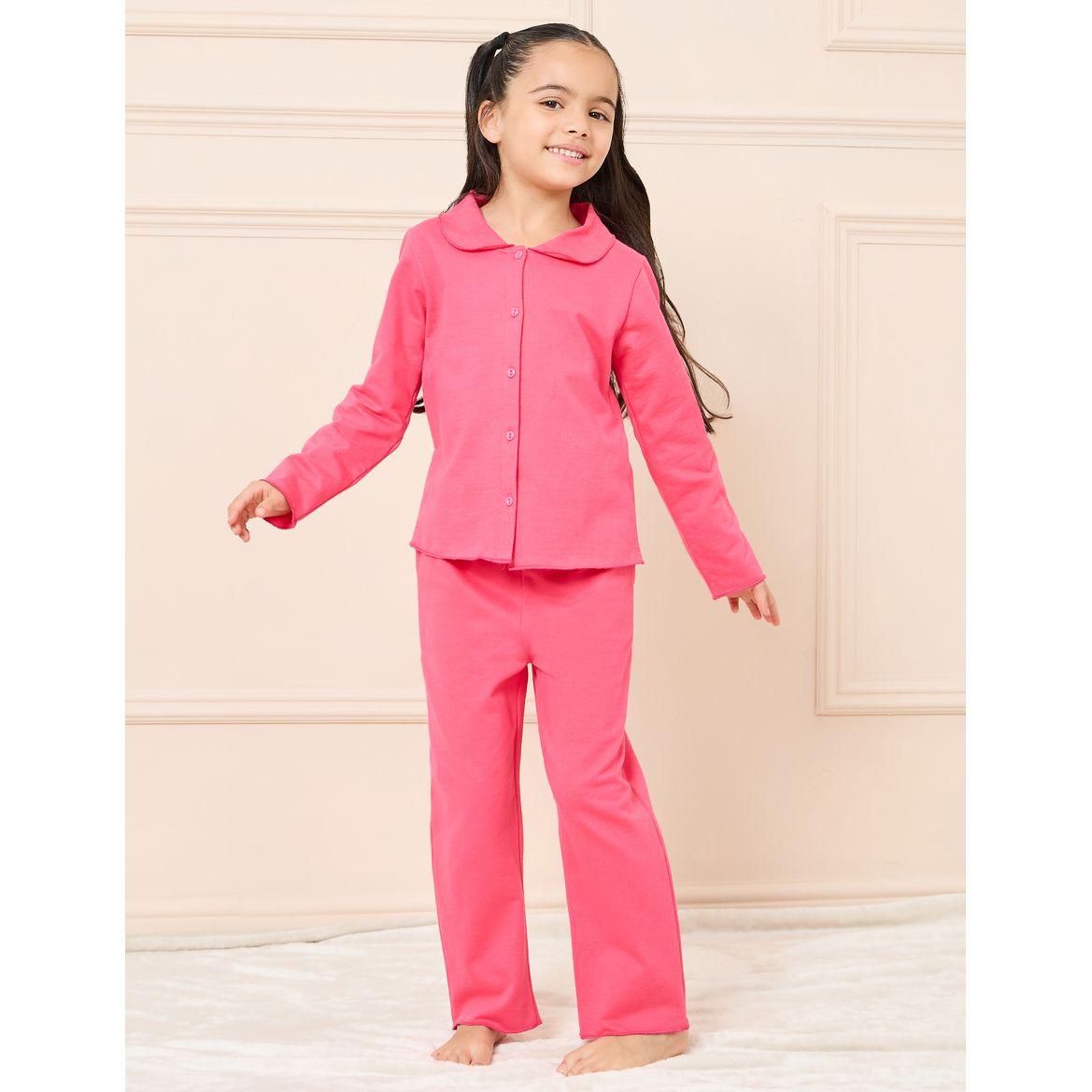 Styli Solid Collared Shirt & Drawstring Pyjama Set-girls-clothing-nightwear-image-2
