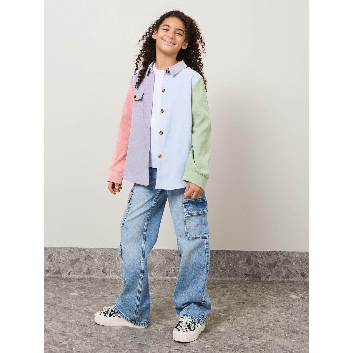 Styli Colorblock Corduroy Longline Shirt-girls-clothing-blousesandshirts-image-2