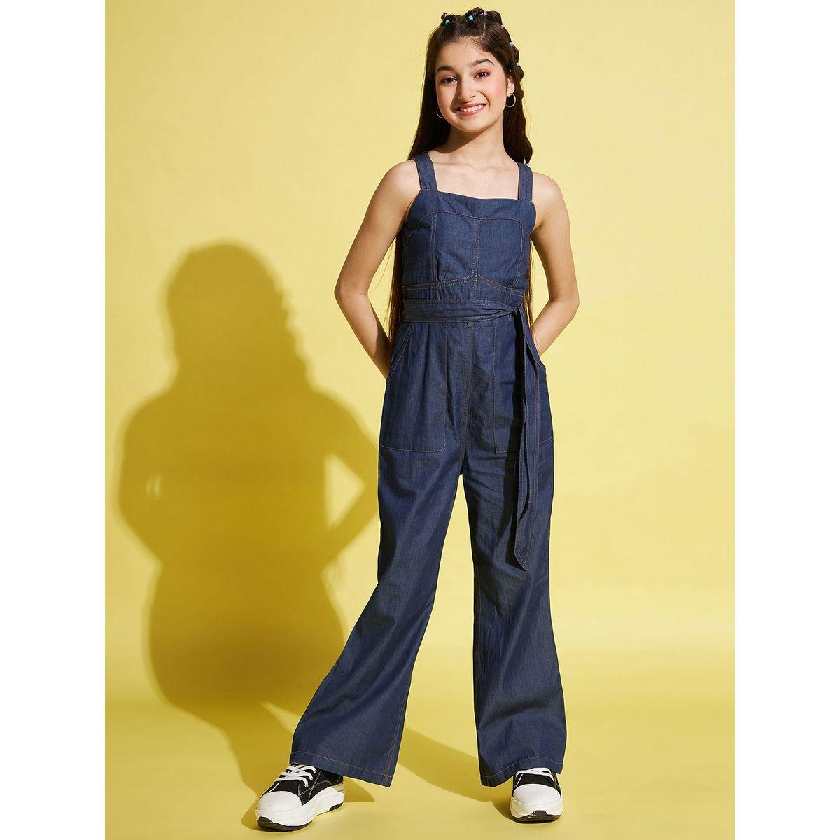Stylo Bug X Styli Straight Leg Denim Jumpsuit with Tie Belt-girls-clothing-rompers-image-1