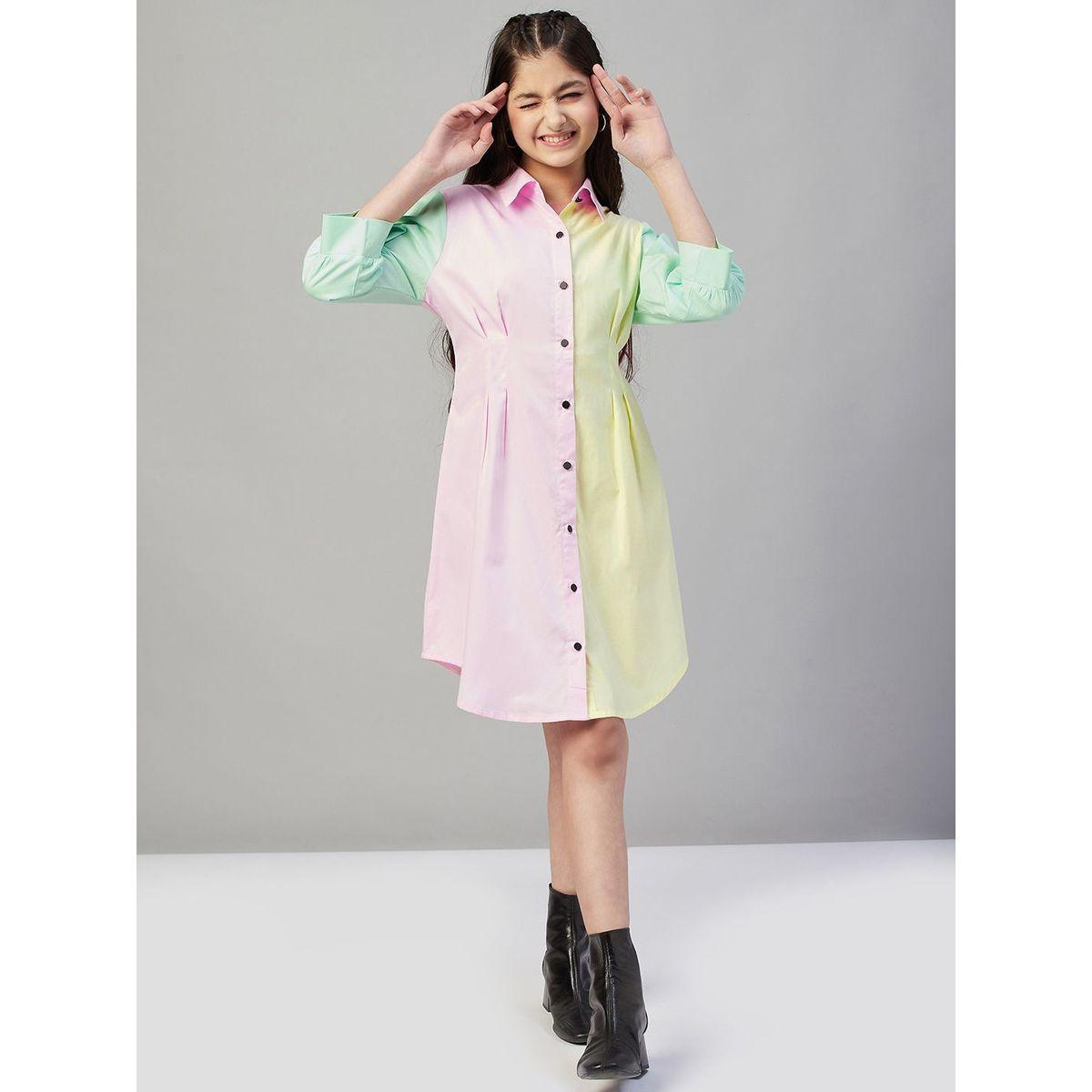 Stylo Bug X Styli Colorblock Shirt Dress with 3/4 Sleeve-girls-clothing-dressesandjumpsuits-image-3