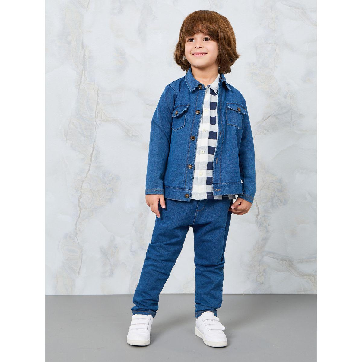 Styli Set of 3 - Checked & Denim Shirt with Pants-girls-clothing-setsandcoords-image-1