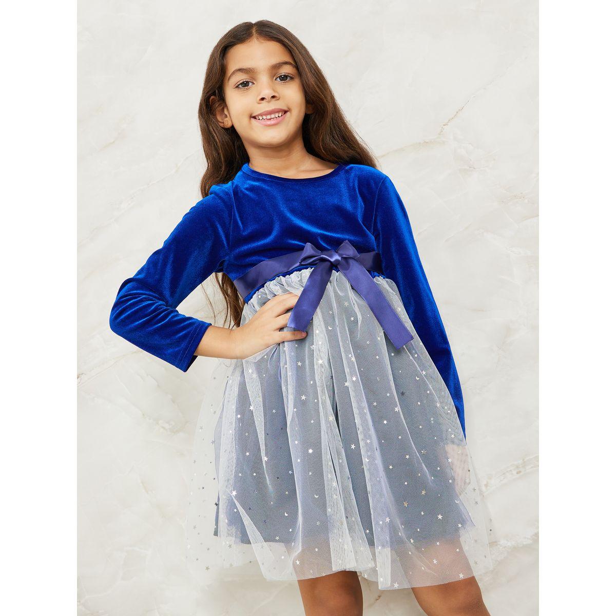 Styli Contrast Mesh Insert Velvet Dress with Bow Detail-girls-clothing-dressesandjumpsuits-image-3