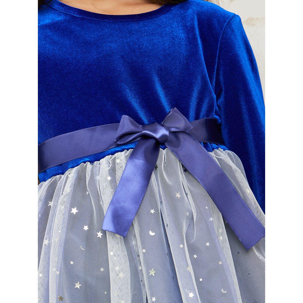 Styli Contrast Mesh Insert Velvet Dress with Bow Detail-girls-clothing-dressesandjumpsuits-image-4