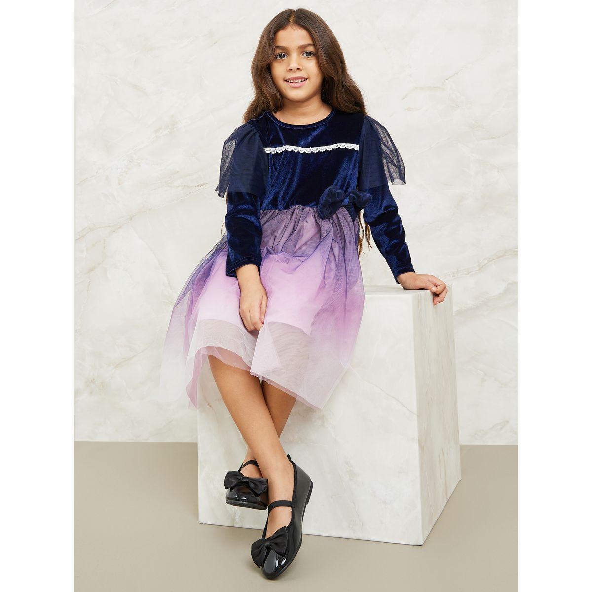 Styli Mesh Insert Velvet Dress with Bow Detail-girls-clothing-dressesandjumpsuits-image-1