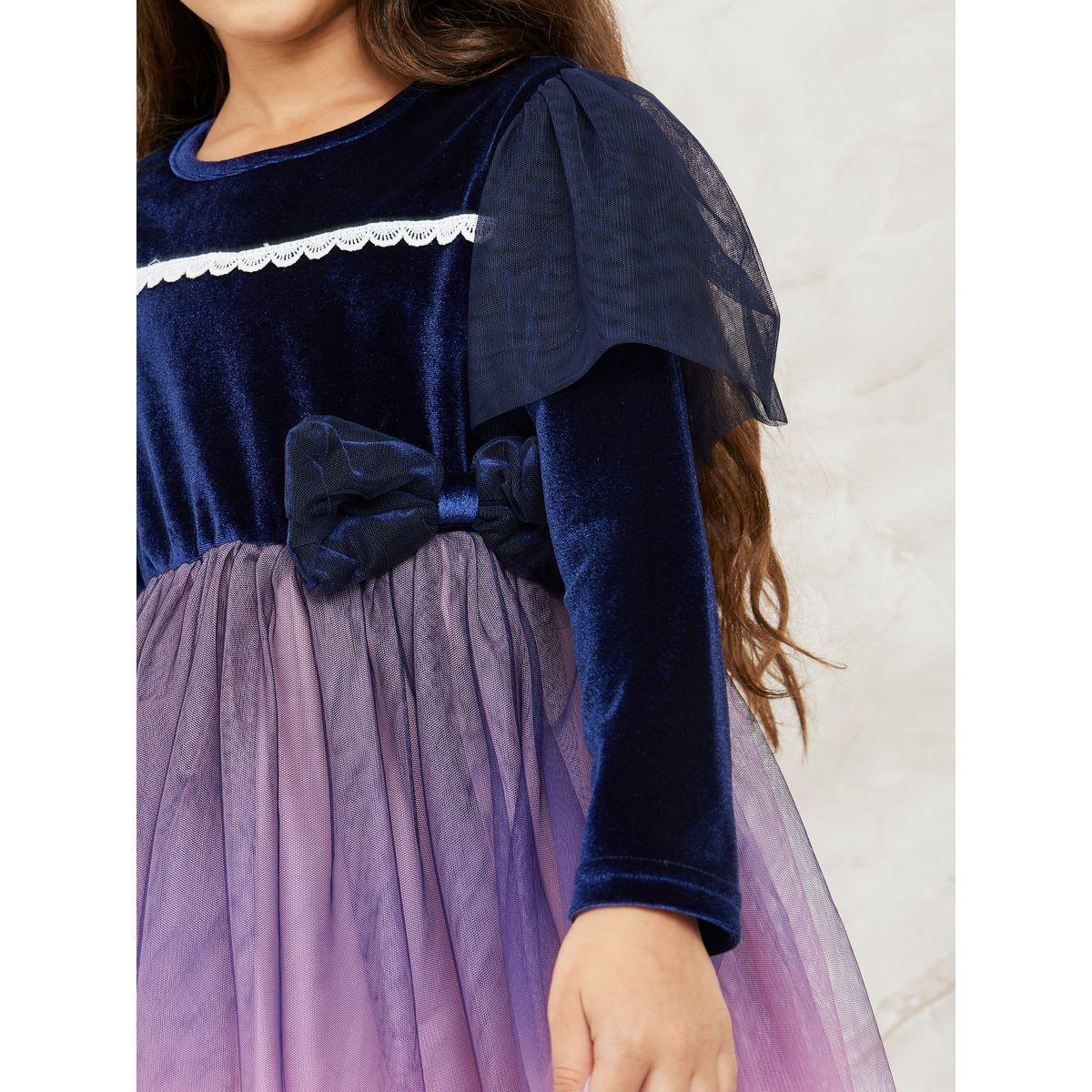 Styli Mesh Insert Velvet Dress with Bow Detail-girls-clothing-dressesandjumpsuits-image-4