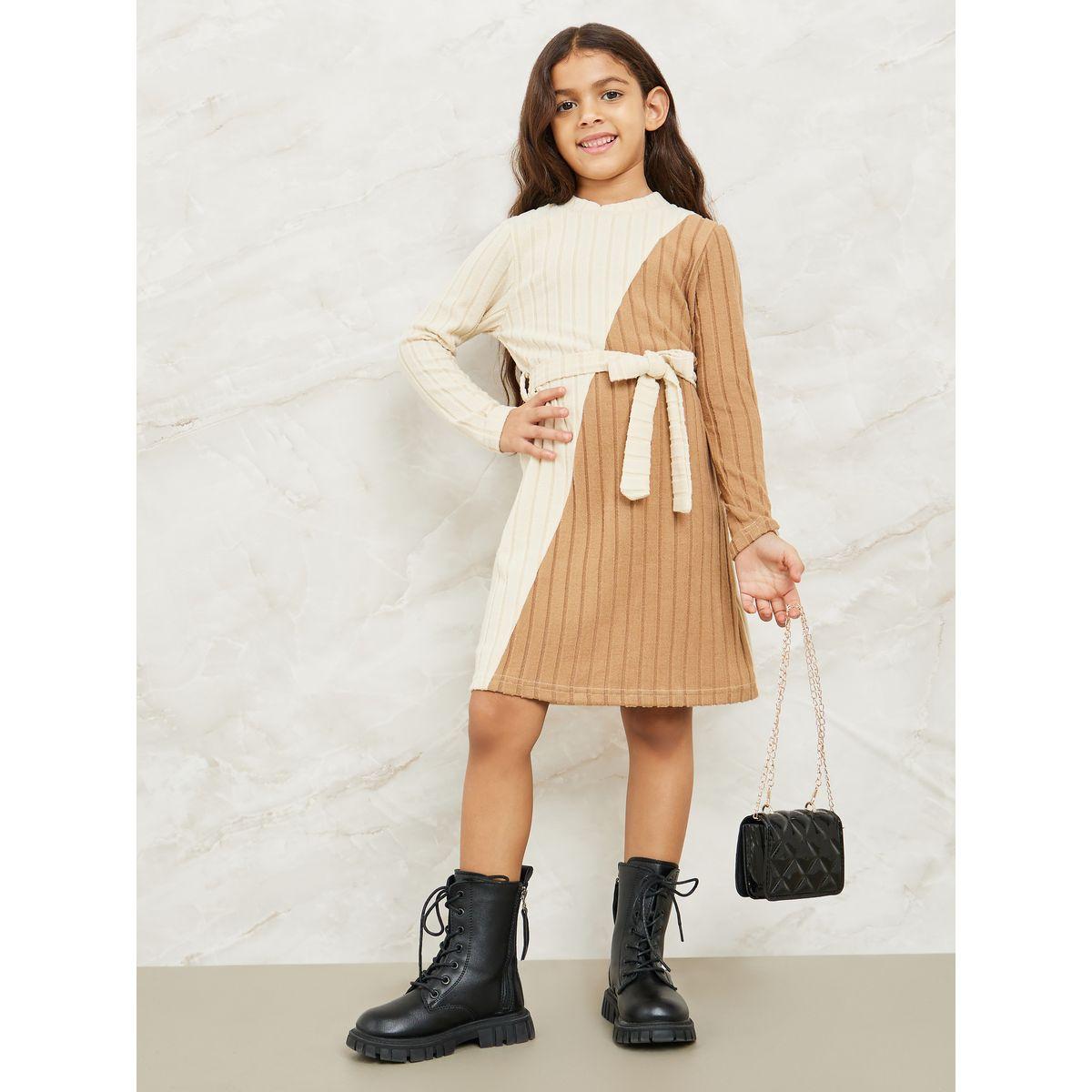 Styli Colorblock Rib Knit Dress With Tie Up Detail-girls-clothing-dressesandjumpsuits-image-1