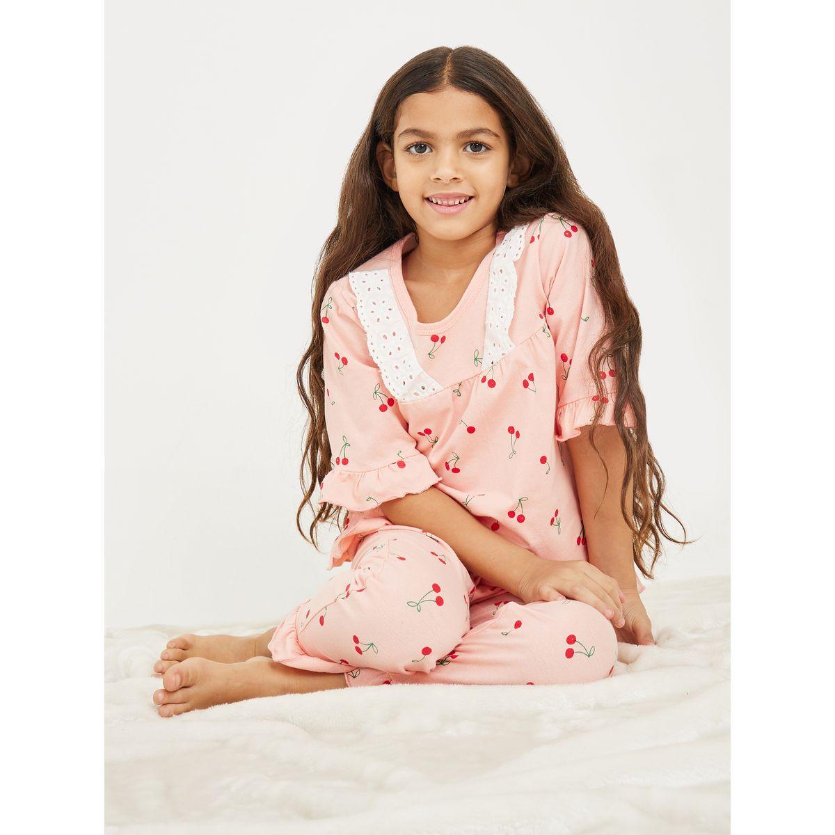 Styli Cherry Printed Top & Pyjama Set-girls-clothing-nightwear-image-1