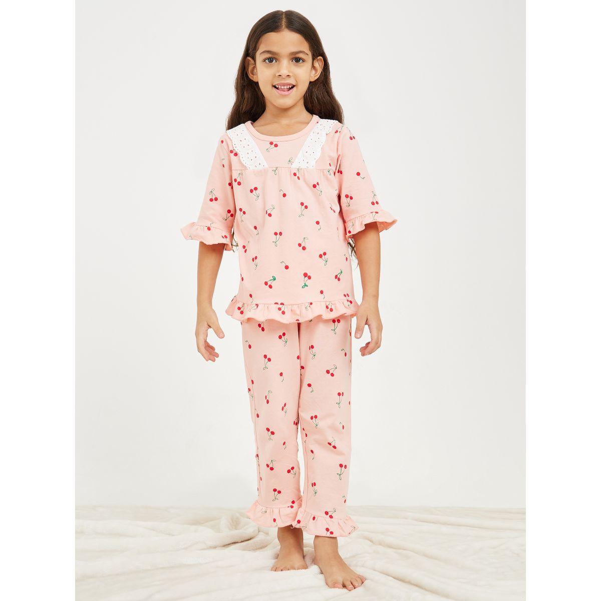 Styli Cherry Printed Top & Pyjama Set-girls-clothing-nightwear-image-2