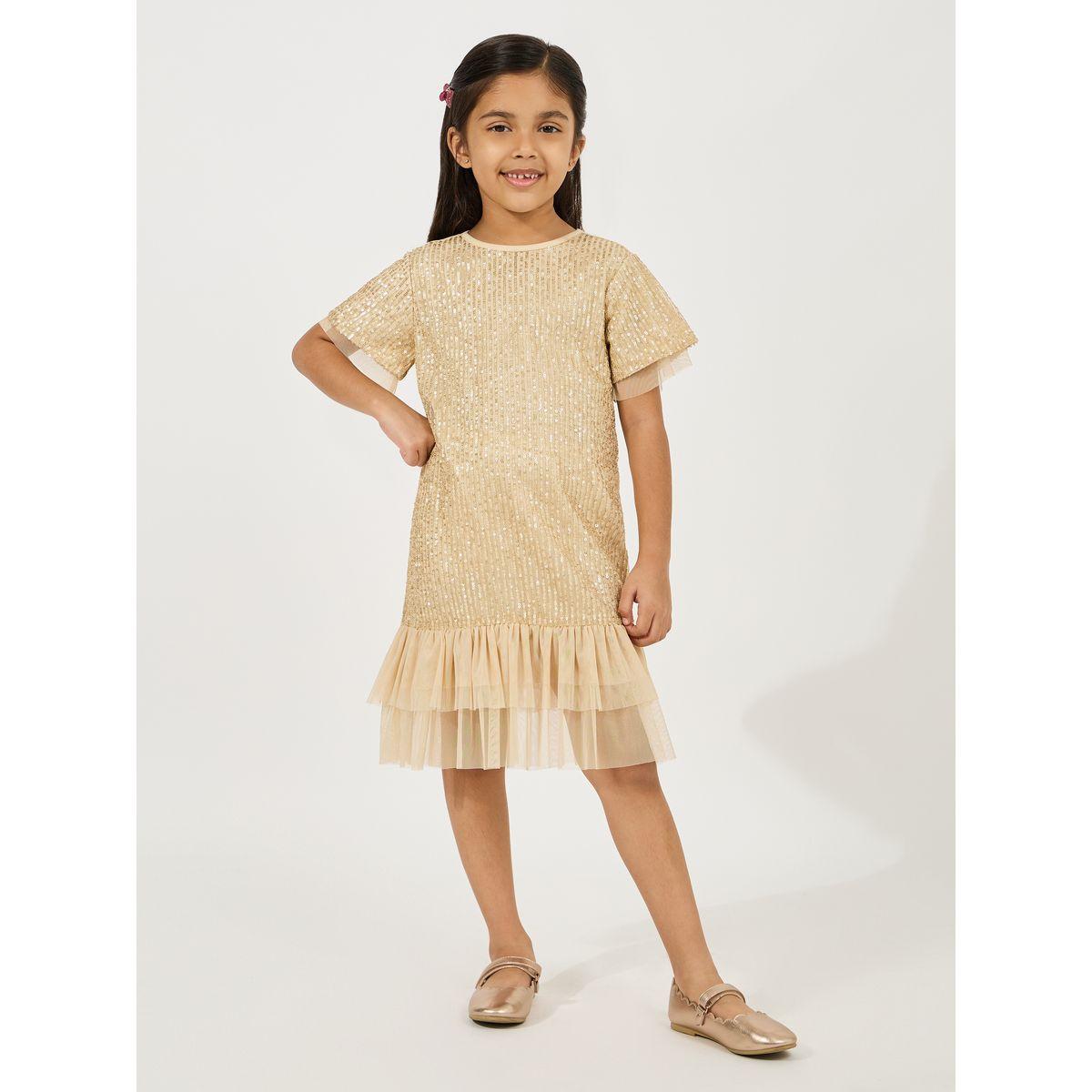 Styli Sequined A-Line Dress with Mesh Insert-girls-clothing-dressesandjumpsuits-image-1