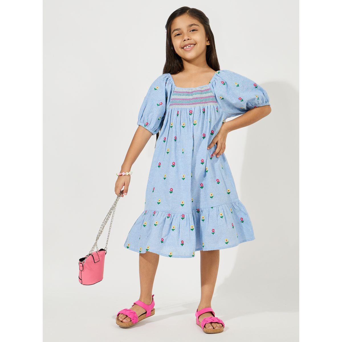 Styli Embroidered Detail A-Line Dress with Puff Sleeve-girls-clothing-dressesandjumpsuits-image-1