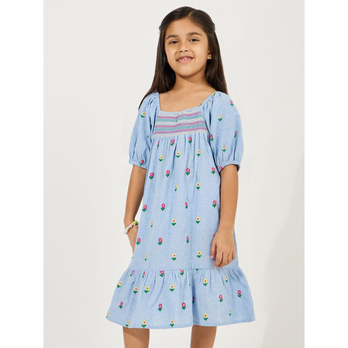Styli Embroidered Detail A-Line Dress with Puff Sleeve-girls-clothing-dressesandjumpsuits-image-2
