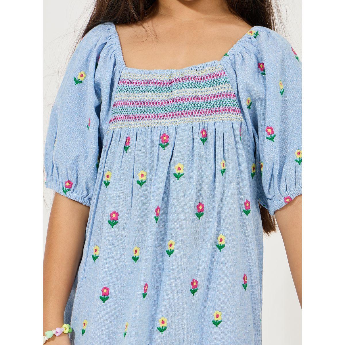 Styli Embroidered Detail A-Line Dress with Puff Sleeve-girls-clothing-dressesandjumpsuits-image-3