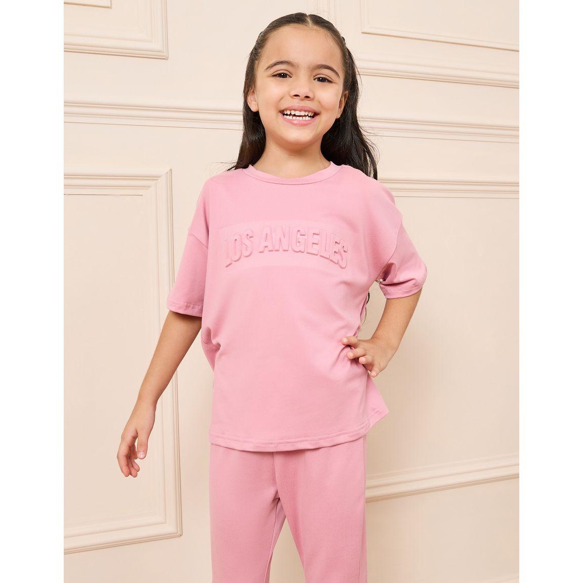Styli Los Angeles Embossed Drop Shoulder T-shirt & Flared Pant Set-girls-clothing-setsandcoords-image-2