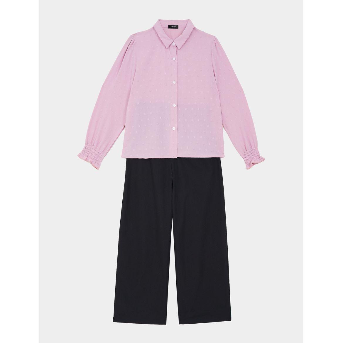 Styli Dobby Shirt & Wide Leg Pants Set-girls-clothing-setsandcoords-image-1