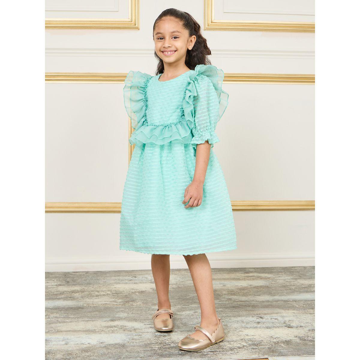 Styli Stripe Textured Ruffle Dress with Puff Sleeves-girls-clothing-dressesandjumpsuits-image-1