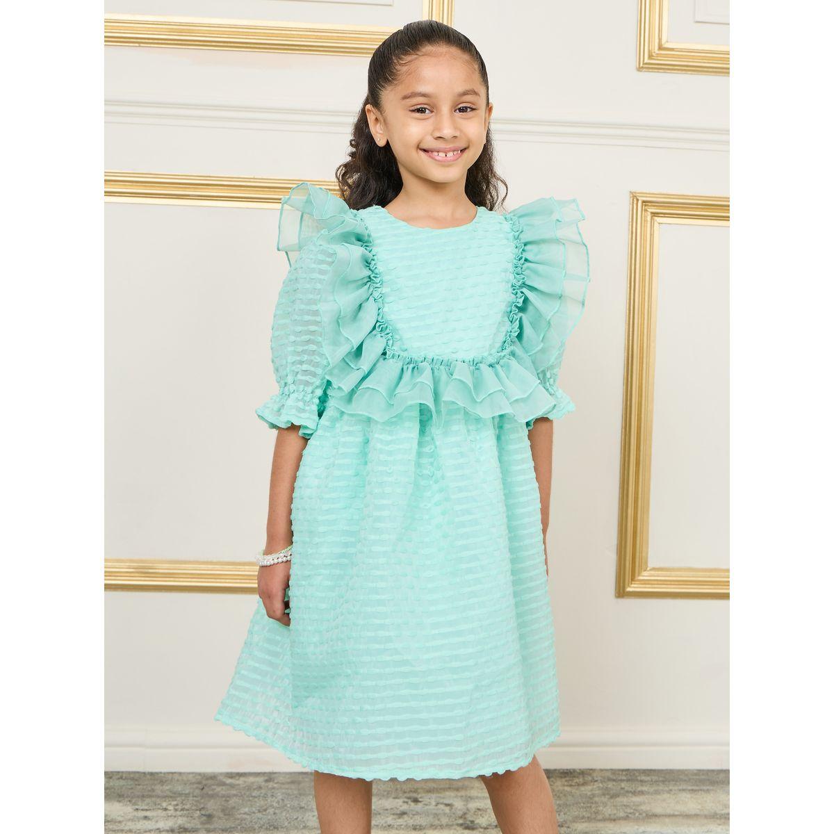 Styli Stripe Textured Ruffle Dress with Puff Sleeves-girls-clothing-dressesandjumpsuits-image-2