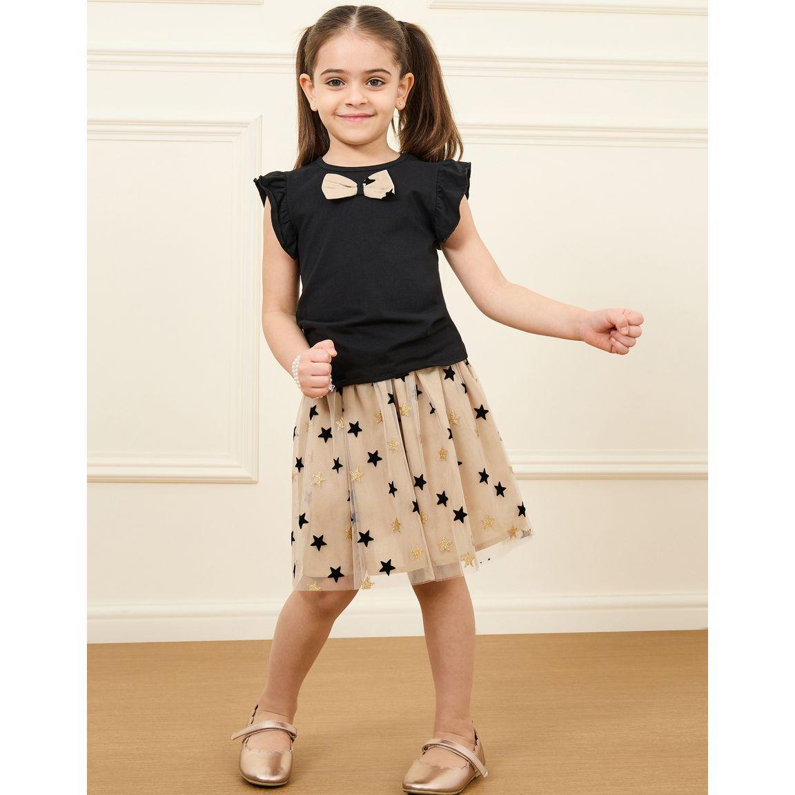Styli Ruffle Detail T-shirt & Star Print Skirt Set-girls-clothing-setsandcoords-image-1
