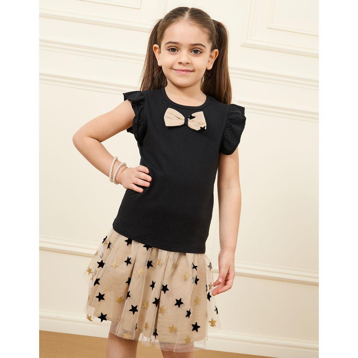 Styli Ruffle Detail T-shirt & Star Print Skirt Set-girls-clothing-setsandcoords-image-2