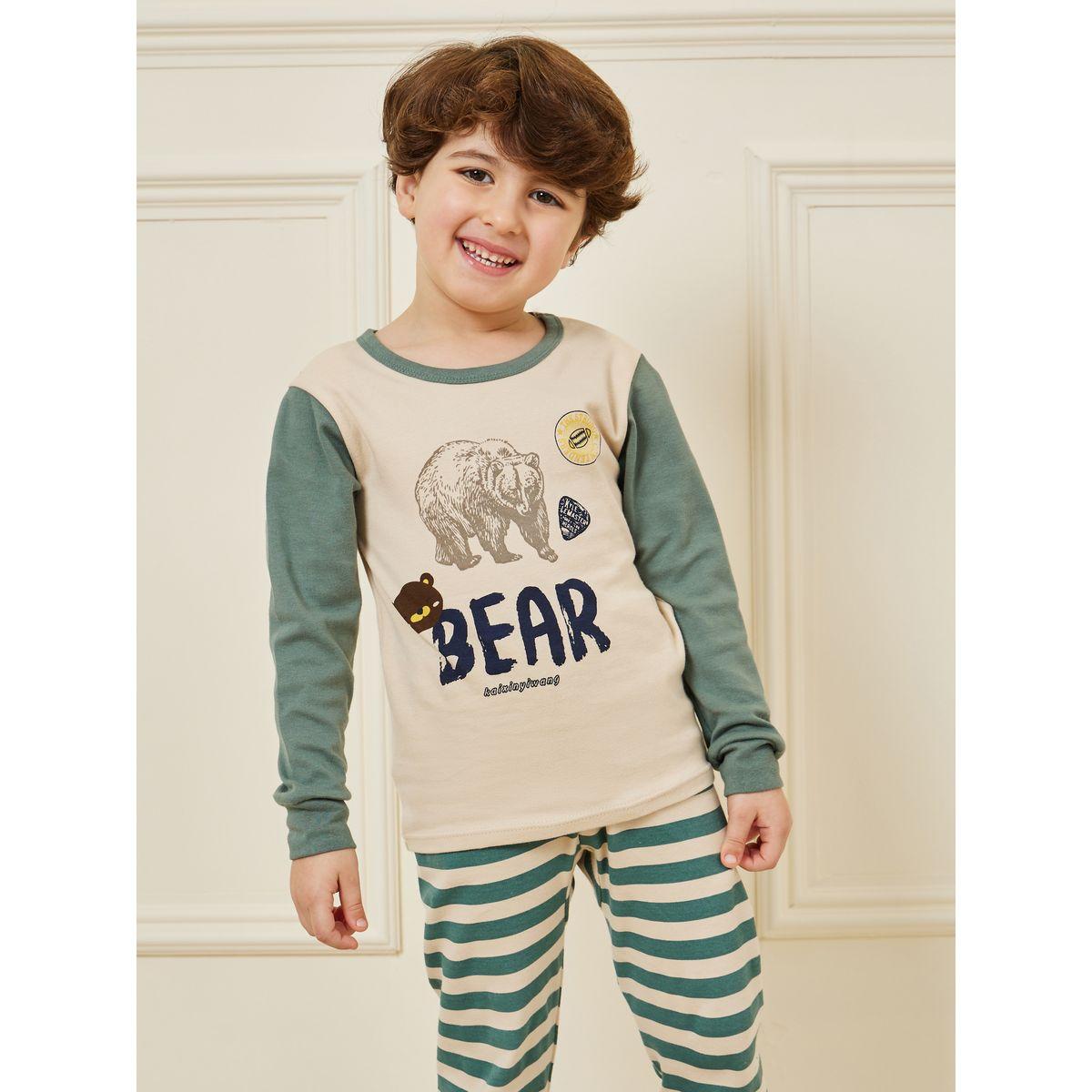 Styli Bear Printed T-Shirt & Striped Pyjama Set-boys-clothing-nightwear-image-2