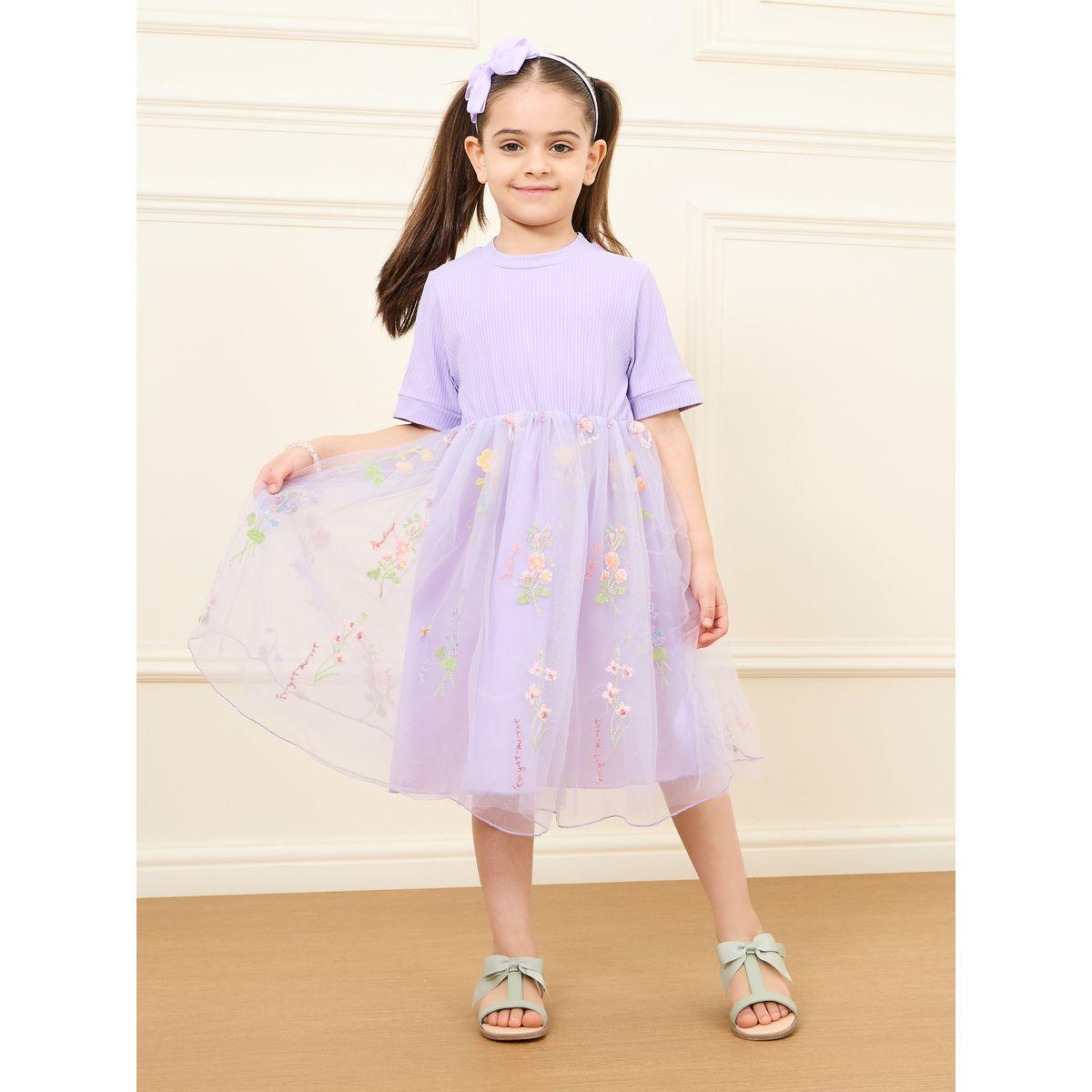 Styli Rib Knit Top Floral Embroidery Mesh Insert Dress-girls-clothing-dressesandjumpsuits-image-1