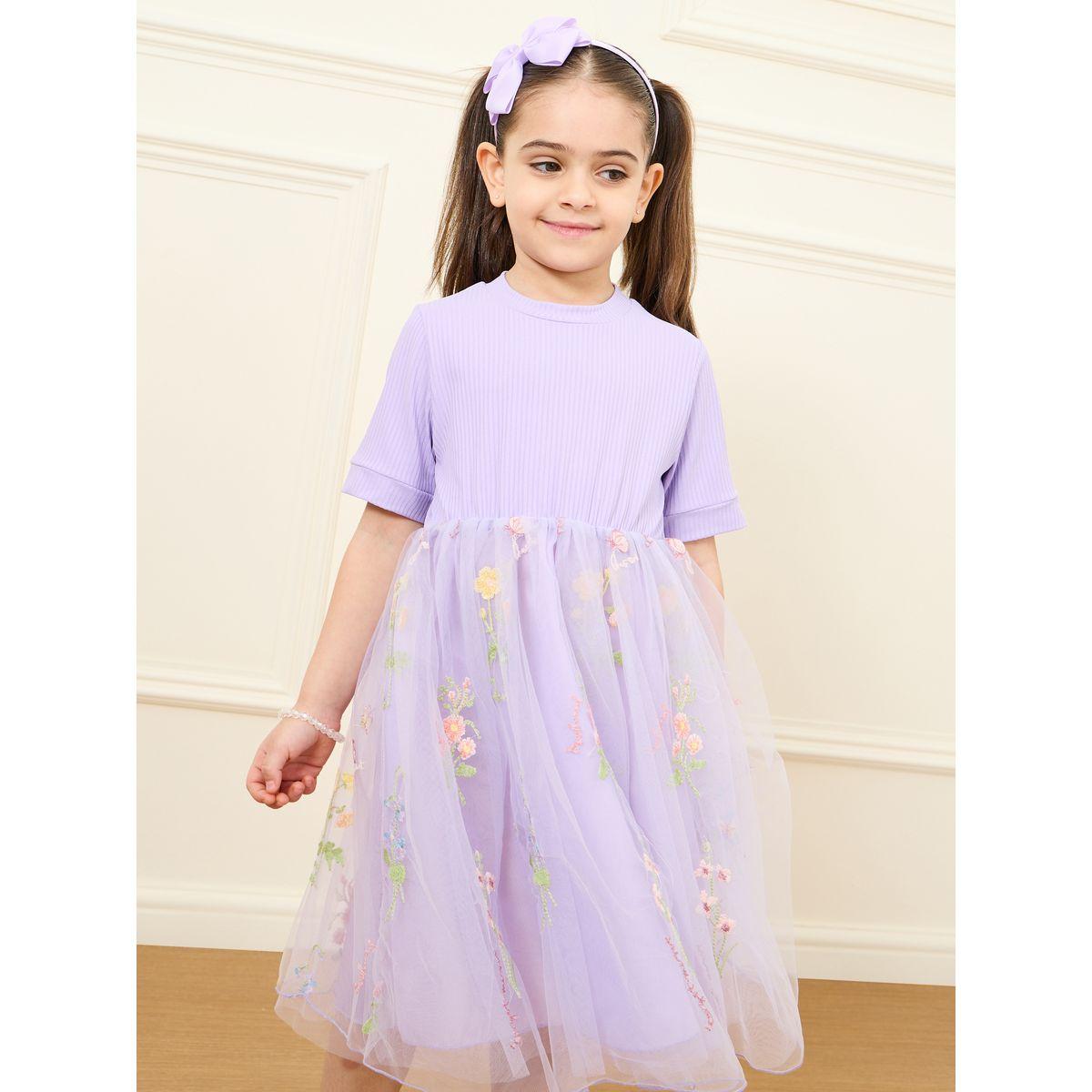 Styli Rib Knit Top Floral Embroidery Mesh Insert Dress-girls-clothing-dressesandjumpsuits-image-2