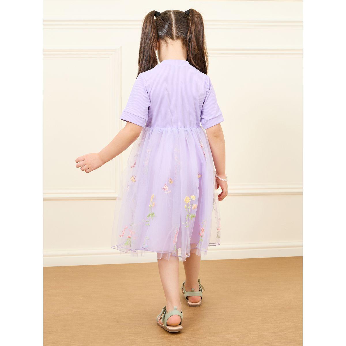 Styli Rib Knit Top Floral Embroidery Mesh Insert Dress-girls-clothing-dressesandjumpsuits-image-4