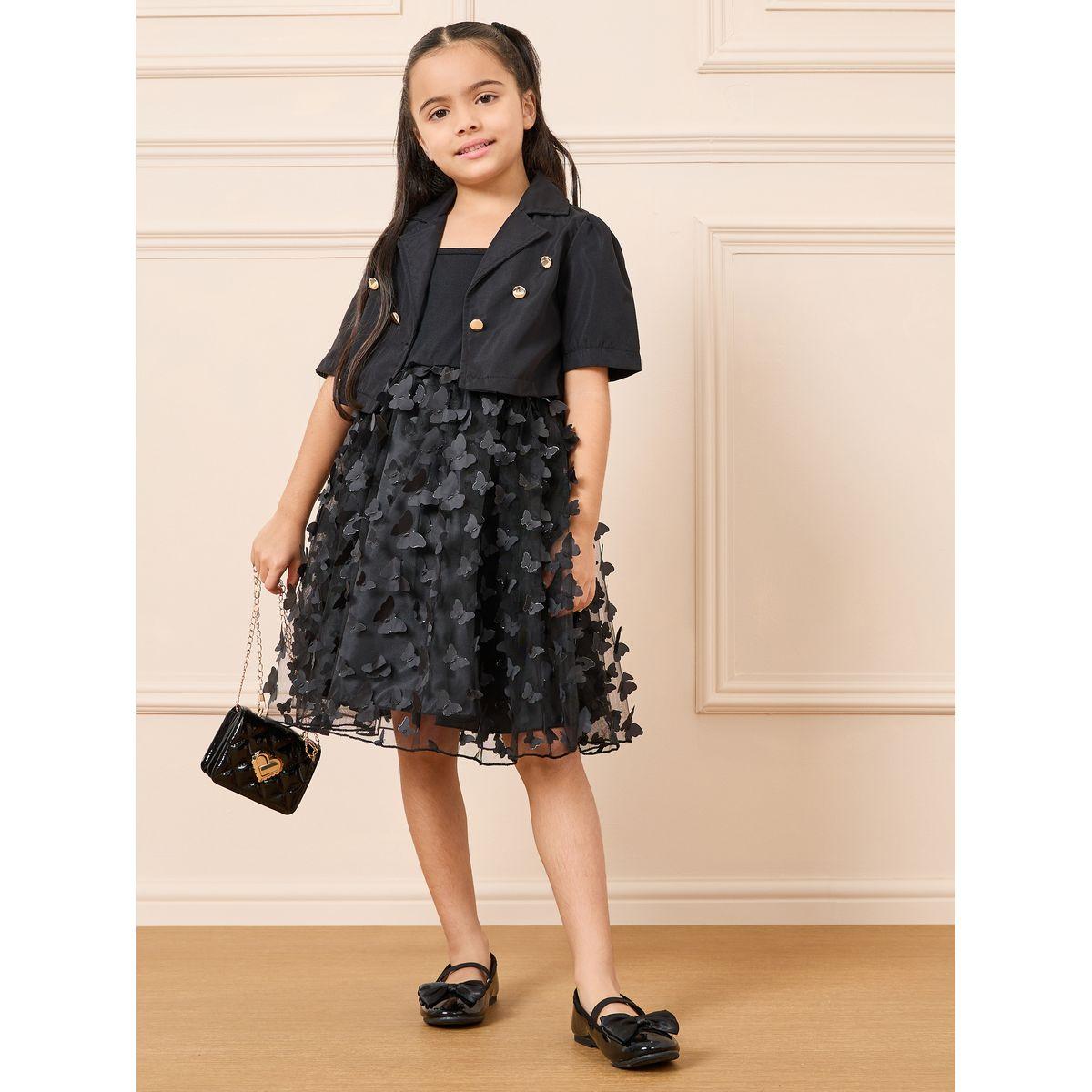 Styli Butterfly Applique Mesh Strappy Dress with Button Detail Crop Jacket Set-girls-clothing-dressesandjumpsuits-image-1