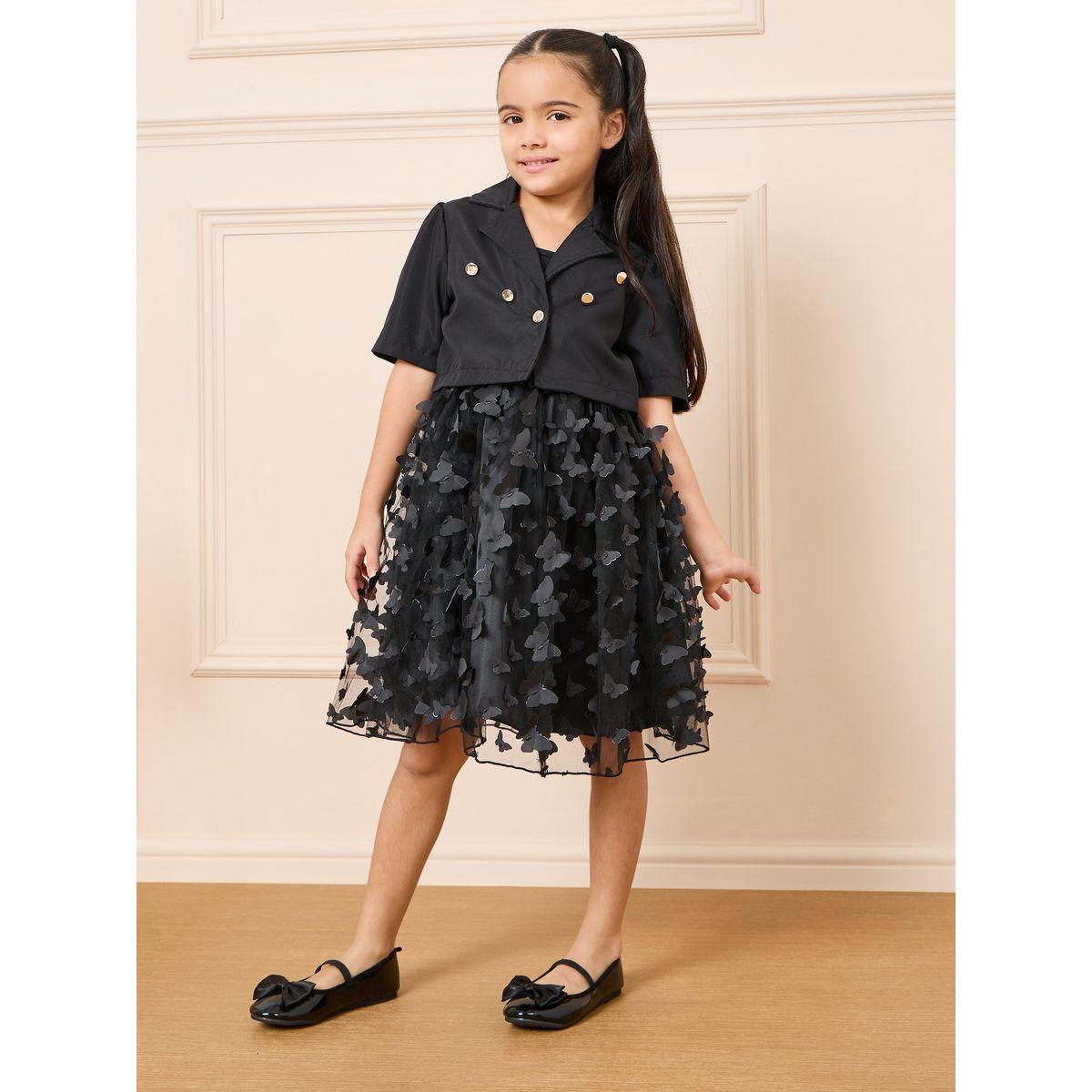 Styli Butterfly Applique Mesh Strappy Dress with Button Detail Crop Jacket Set-girls-clothing-dressesandjumpsuits-image-2