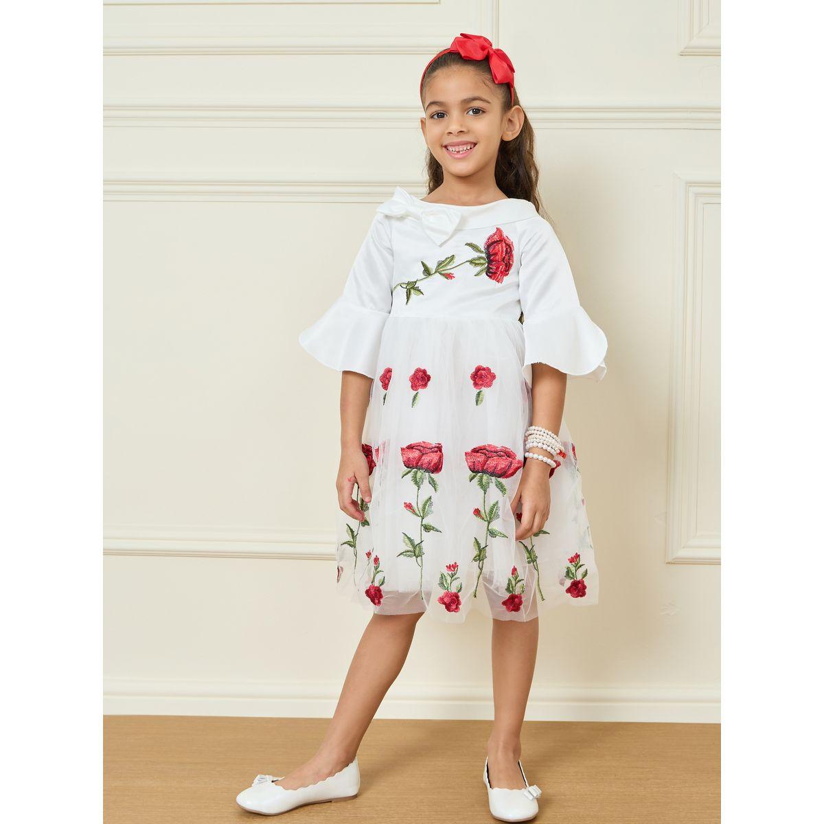 Styli Floral Embroidered Mesh Insert Bow Detail A-Line Dress-girls-clothing-dressesandjumpsuits-image-1