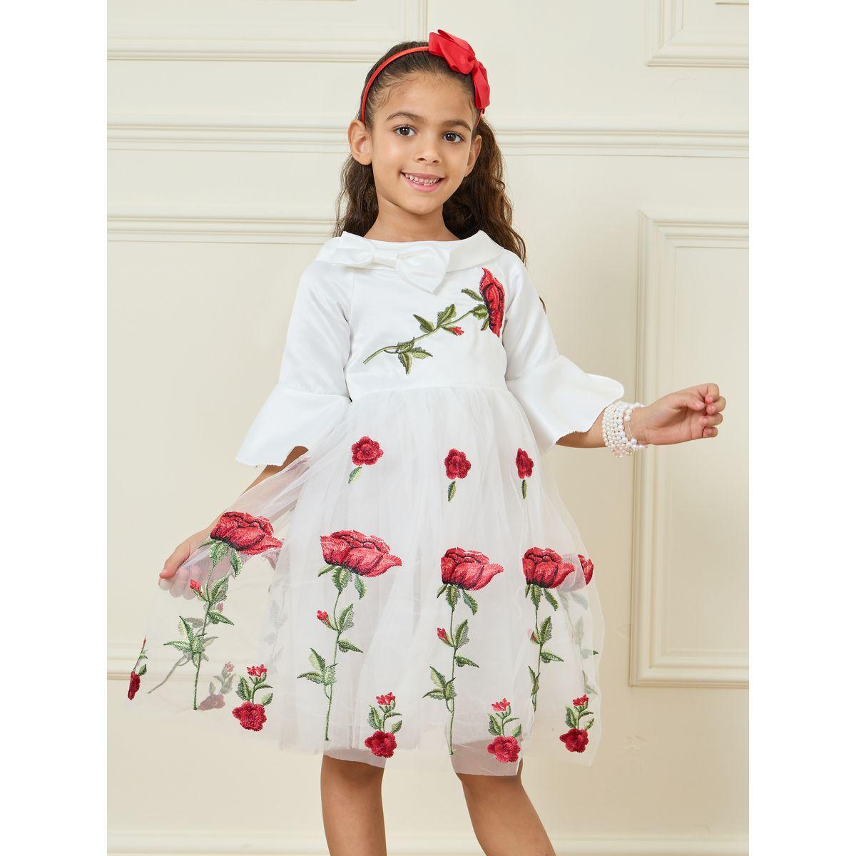 Styli Floral Embroidered Mesh Insert Bow Detail A-Line Dress-girls-clothing-dressesandjumpsuits-image-2