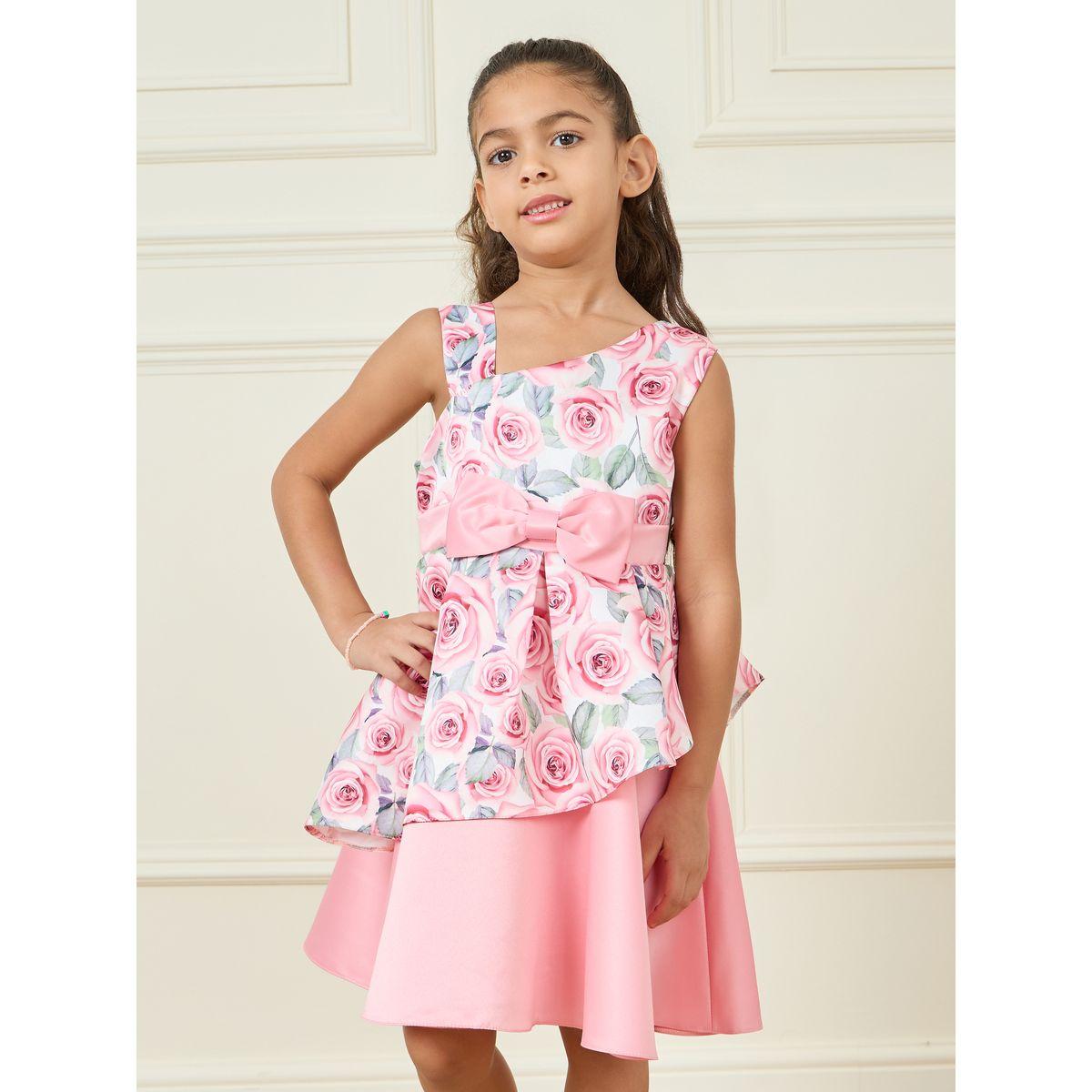Styli Floral Print Bow Front Overlay A-Line Dress-girls-clothing-dressesandjumpsuits-image-2