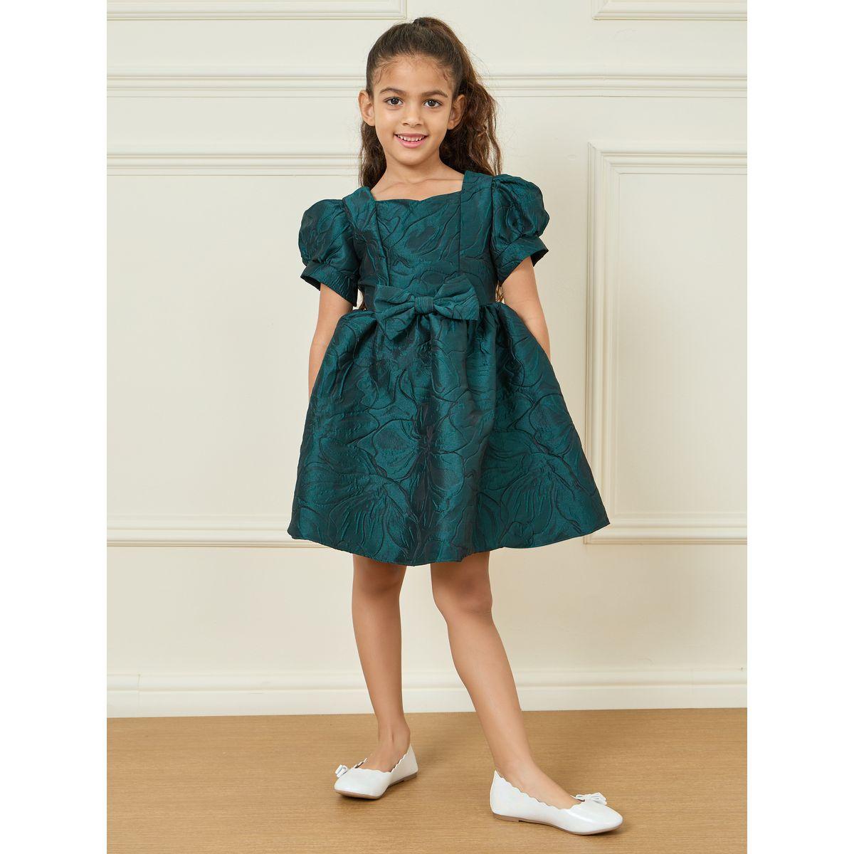 Styli Jacquard Detail Bow Front Puff Sleeve A-Line Dress-girls-clothing-dressesandjumpsuits-image-1