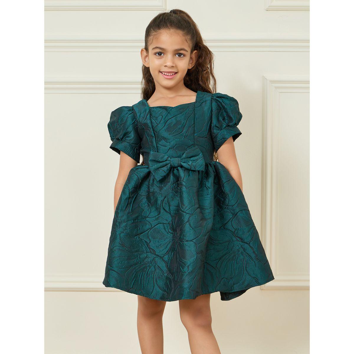 Styli Jacquard Detail Bow Front Puff Sleeve A-Line Dress-girls-clothing-dressesandjumpsuits-image-2