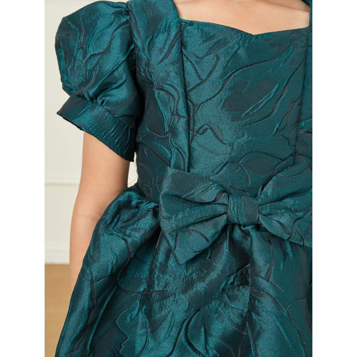 Styli Jacquard Detail Bow Front Puff Sleeve A-Line Dress-girls-clothing-dressesandjumpsuits-image-3