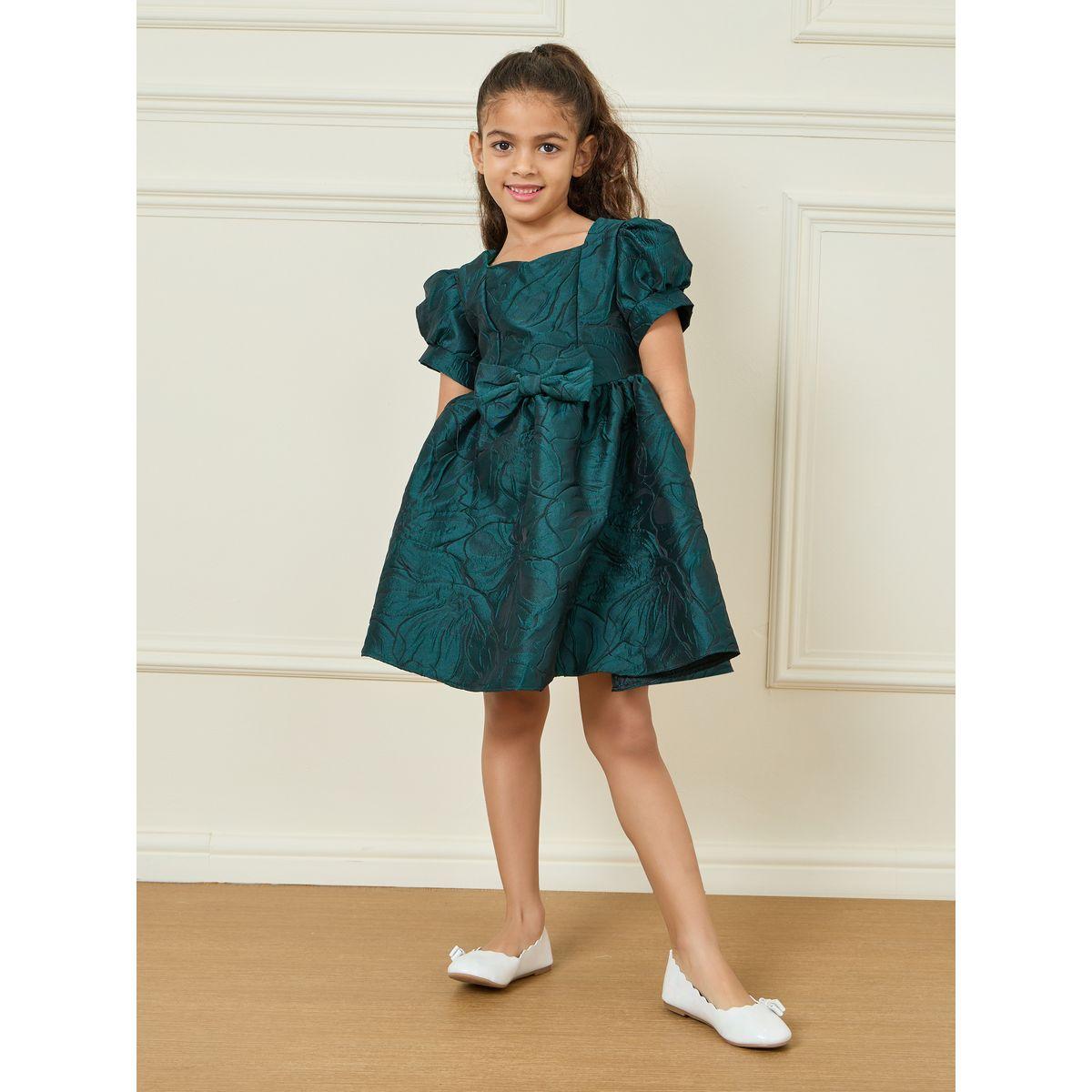 Styli Jacquard Detail Bow Front Puff Sleeve A-Line Dress-girls-clothing-dressesandjumpsuits-image-5