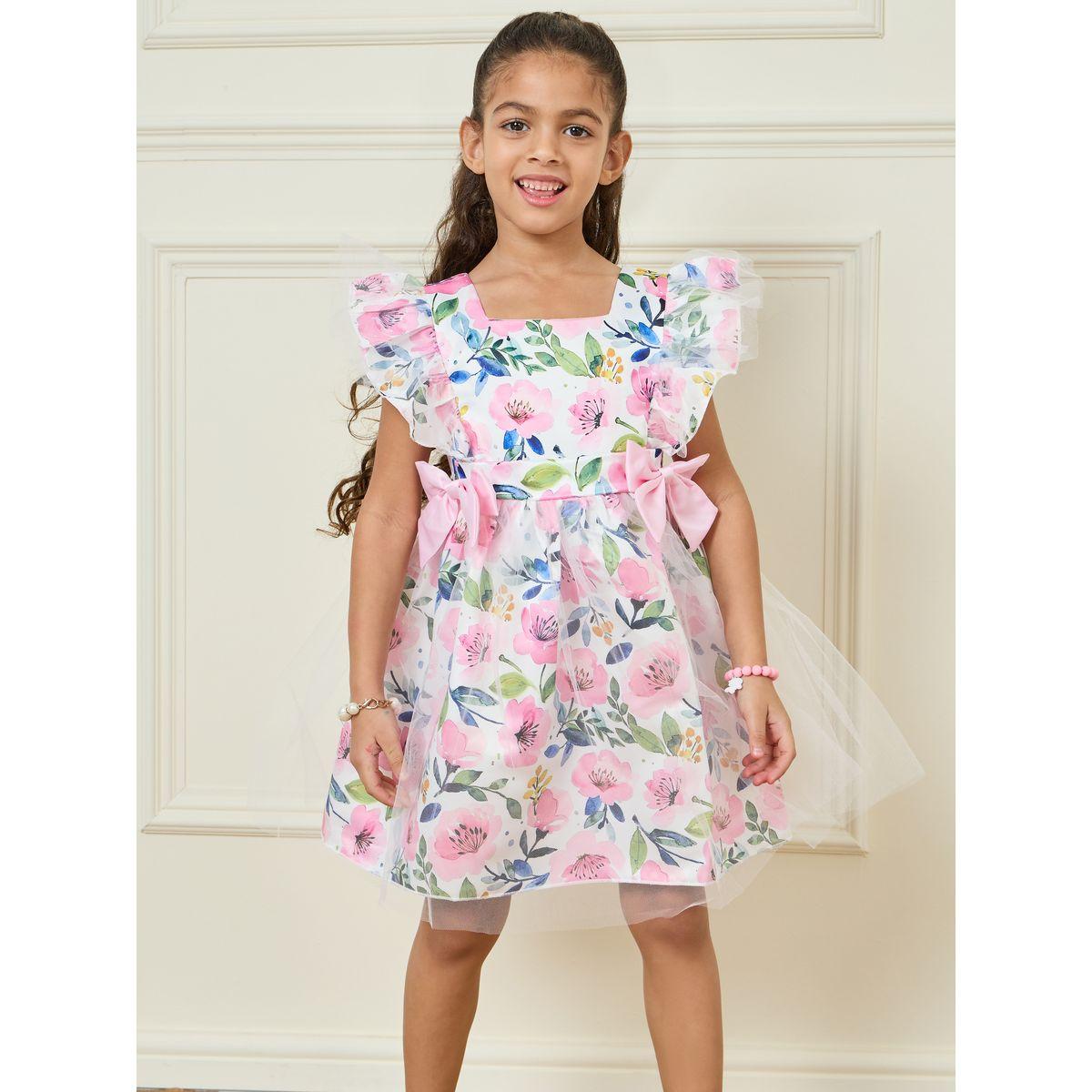 Styli Floral Print Mesh Overlay Bow Front Dress-girls-clothing-dressesandjumpsuits-image-2